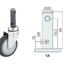 200MM/RUEDA SENCILLA FRENO INTERNO TOTAL DE 2 PASOS (GIRO LIBRE Y FRENO TOTAL) CON SUJECIÓN DE VÁSTAGO LARGO 96MM X 28MM.