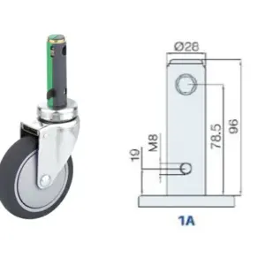 200MM/RUEDA SENCILLA FRENO INTERNO TOTAL DE 3 PASOS (GIRO LIBRE, FRENO TOTAL Y DIRECCIÓN) CON SUJECIÓN DE VÁSTAGO LARGO 96MM X 28MM.