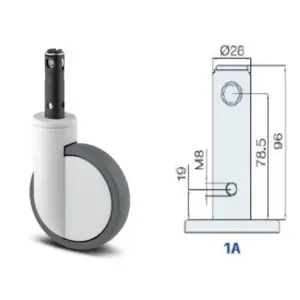 2046 UAX 200 R26-28S45 4XM8 INTEGRAL ESPIGA LARGA 28X96MM. FRENO CENTRALIZADO (2P) & RUEDA DE POLIURETANO 200MM. 45º